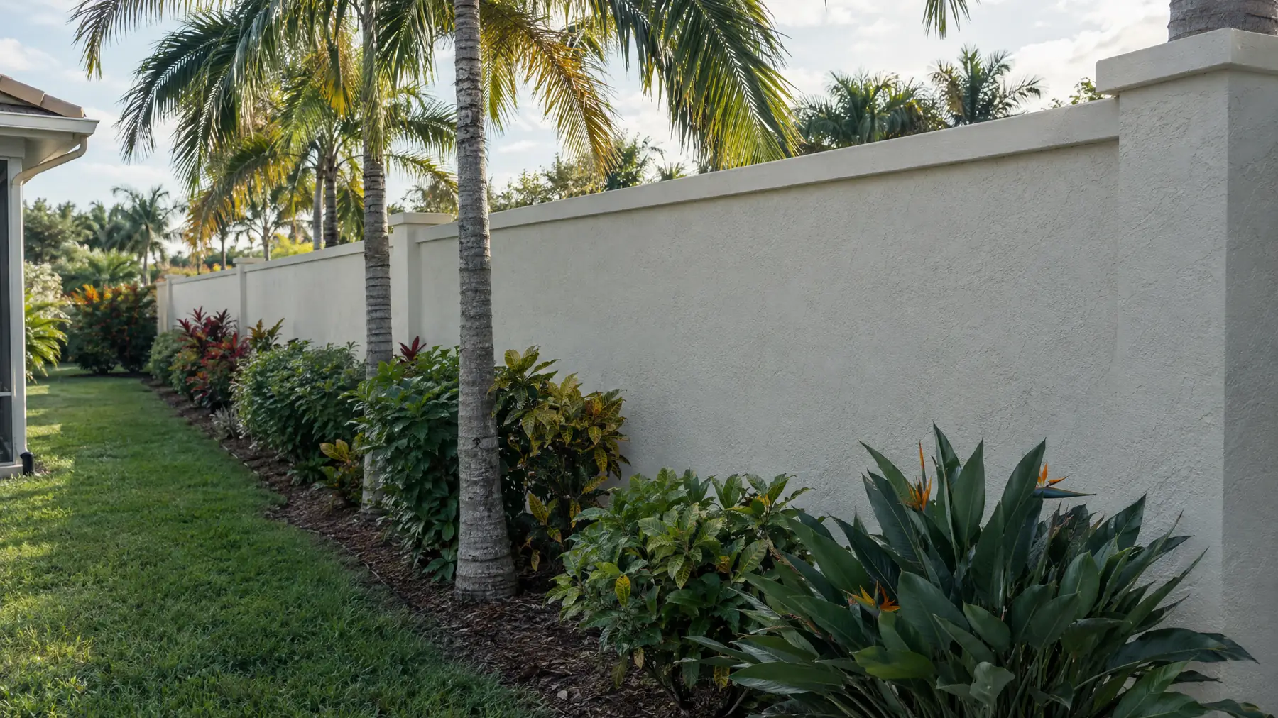 Long stucco-finished concrete block privacy wall with caps and pillars, lined with palms and tropical shrubs
