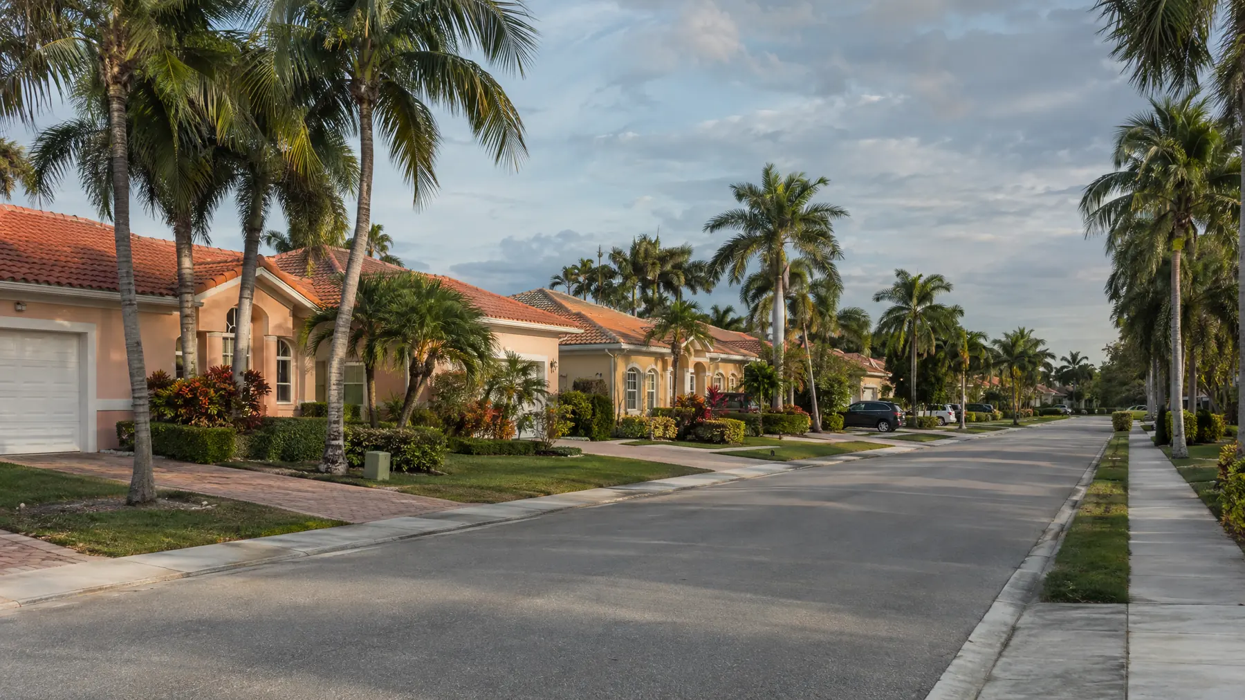 Residential street of tile-roof homes with palm trees, driveways and concrete sidewalks
