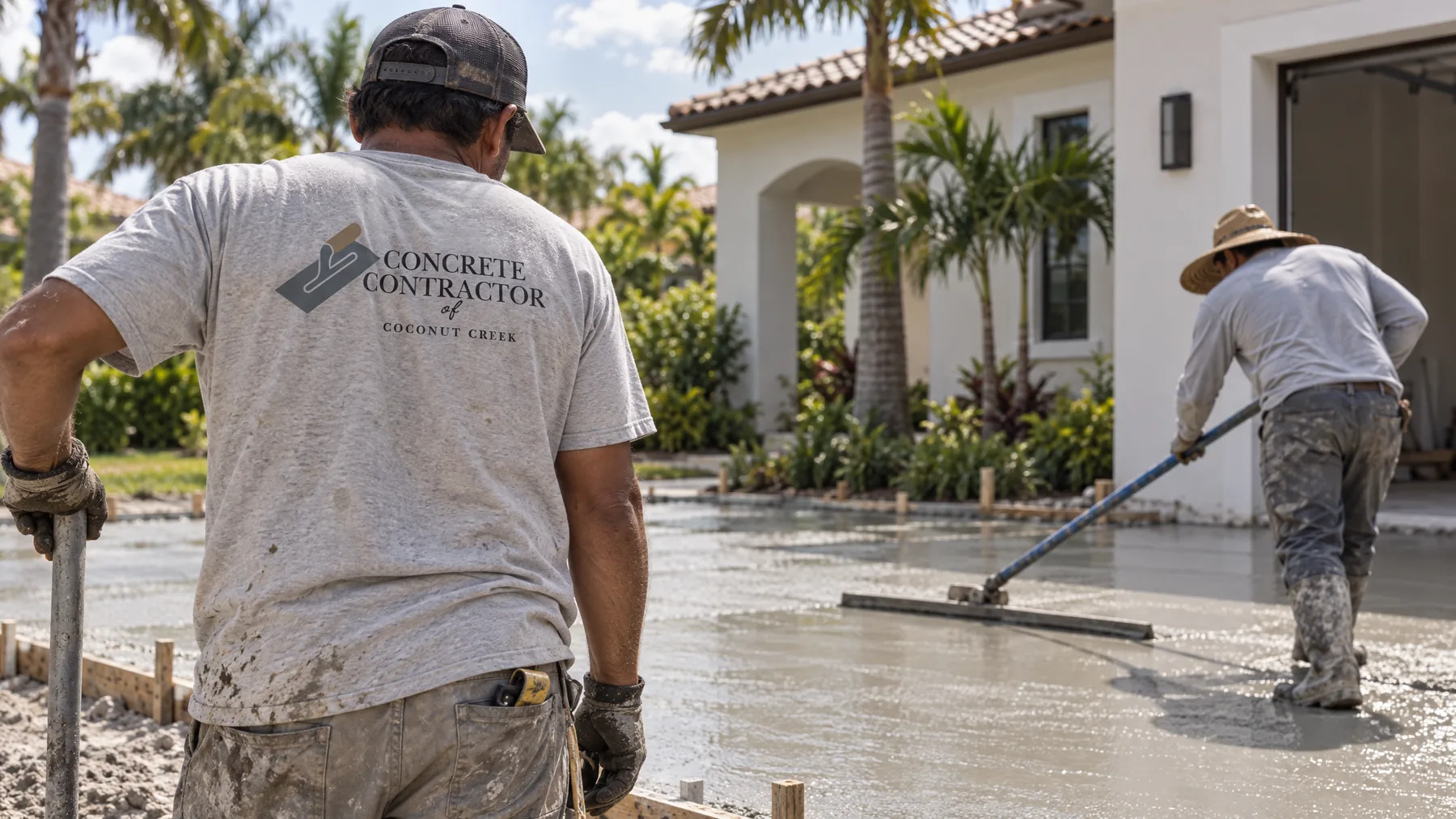 Two concrete workers finishing a freshly poured driveway, one pulling a screed across the wet concrete in front of a stucco house