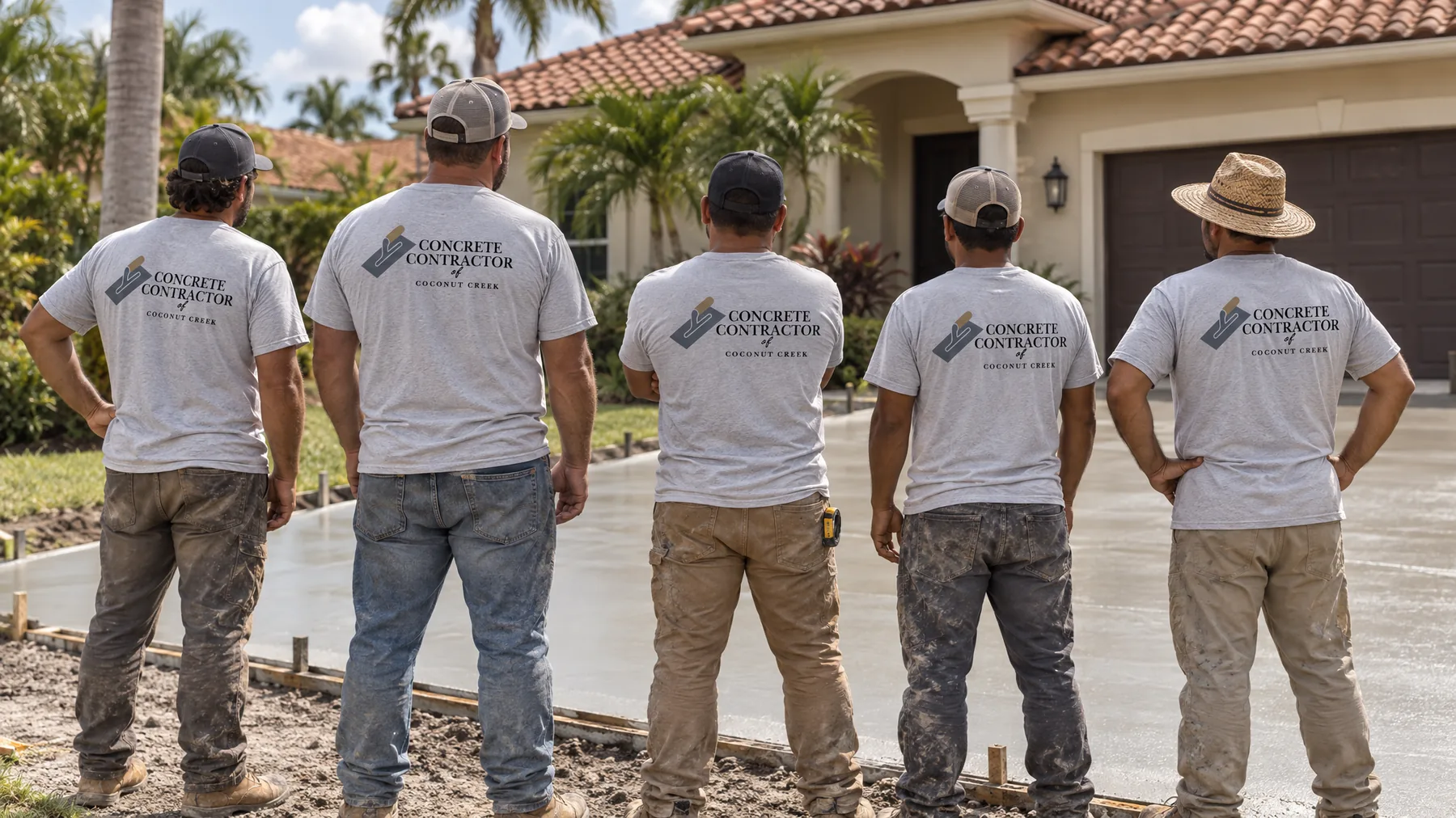Five concrete workers in matching gray shirts standing in front of a freshly poured driveway