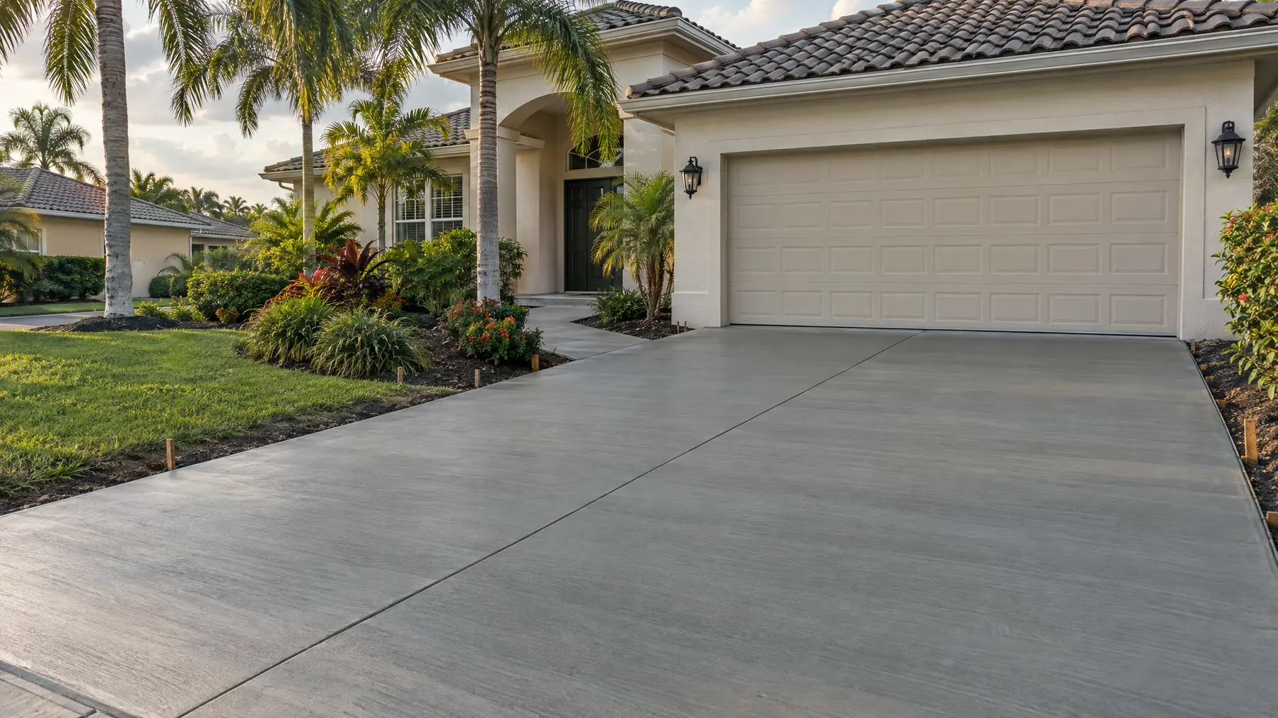 New broom-finish concrete driveway and front walkway leading to a two-car garage, with palm trees and landscaping
