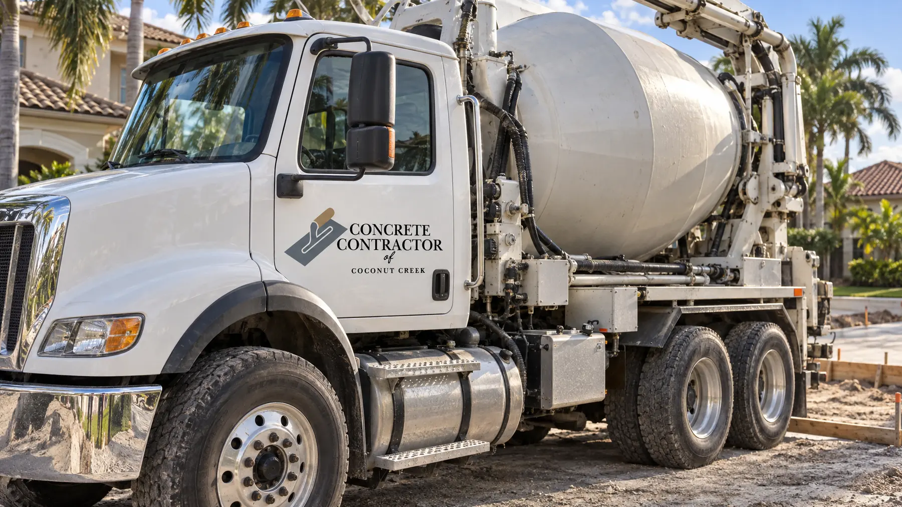 White concrete mixer truck parked beside wooden forms at a residential job site