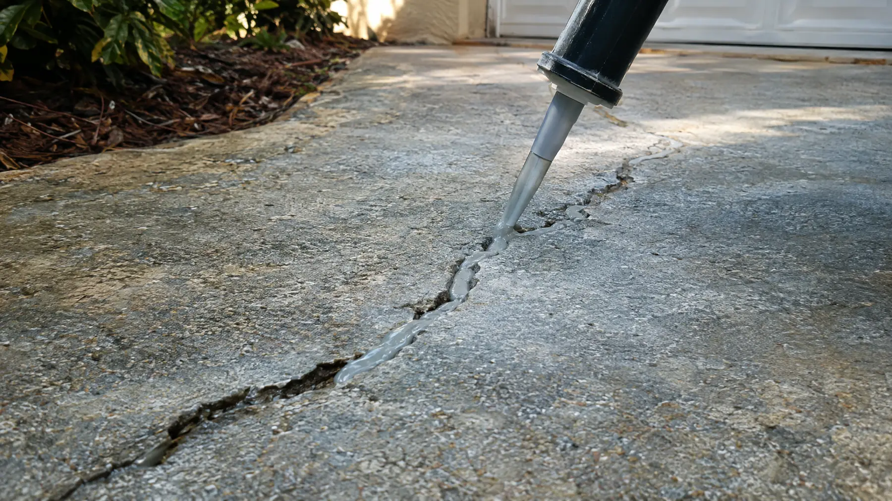 Crack in a concrete driveway being filled with gray crack filler from a caulk gun