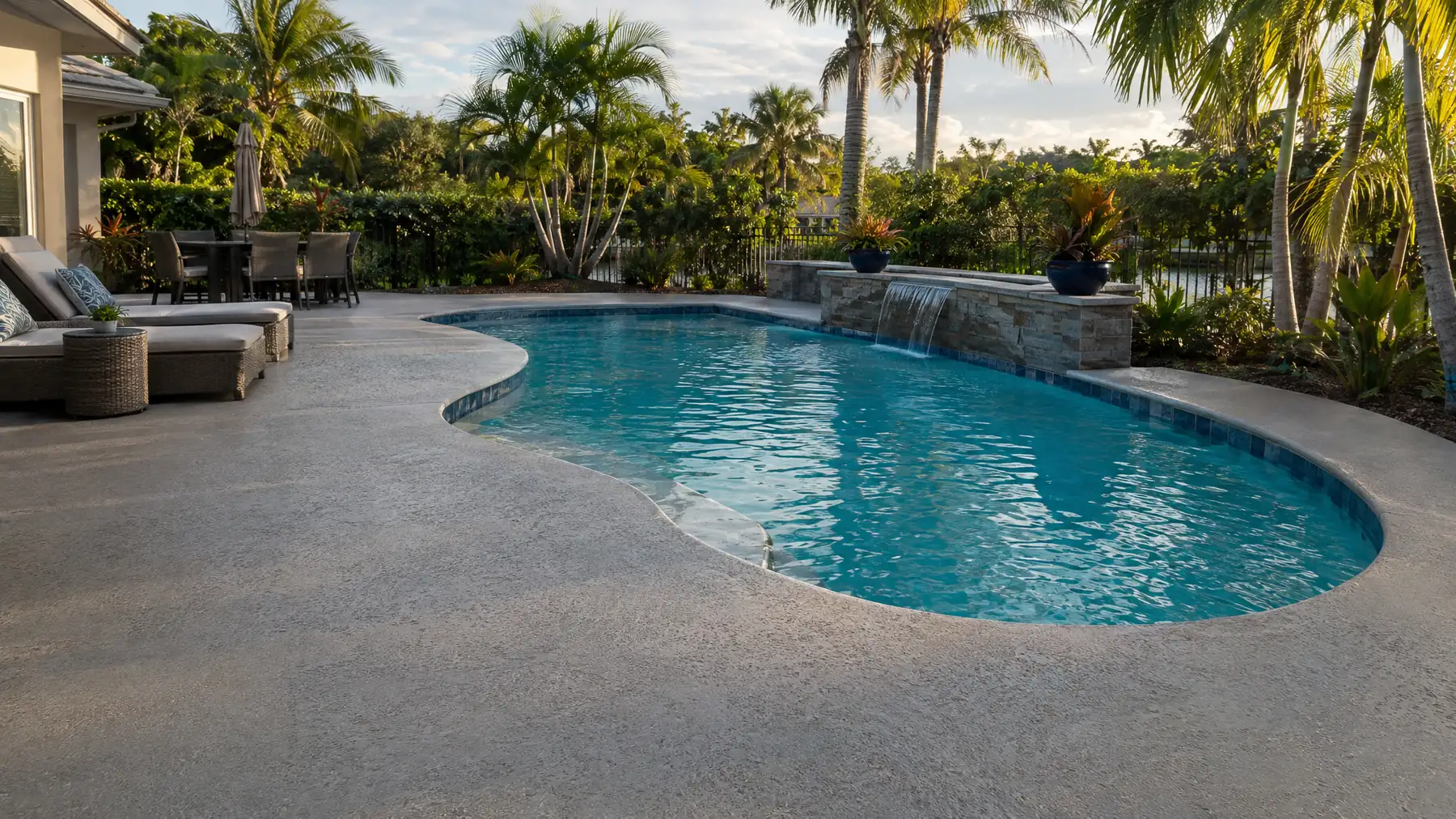 Textured light-colored concrete pool deck around a curved pool with a waterfall and lounge chairs